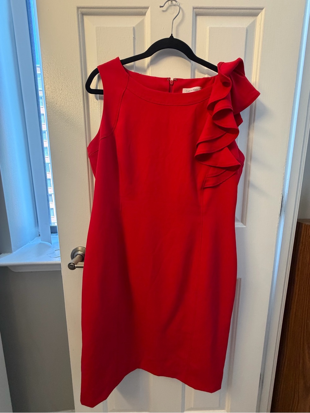 Calvin Klein Red Ruffle Single Shoulder Sheath Dress Size 12